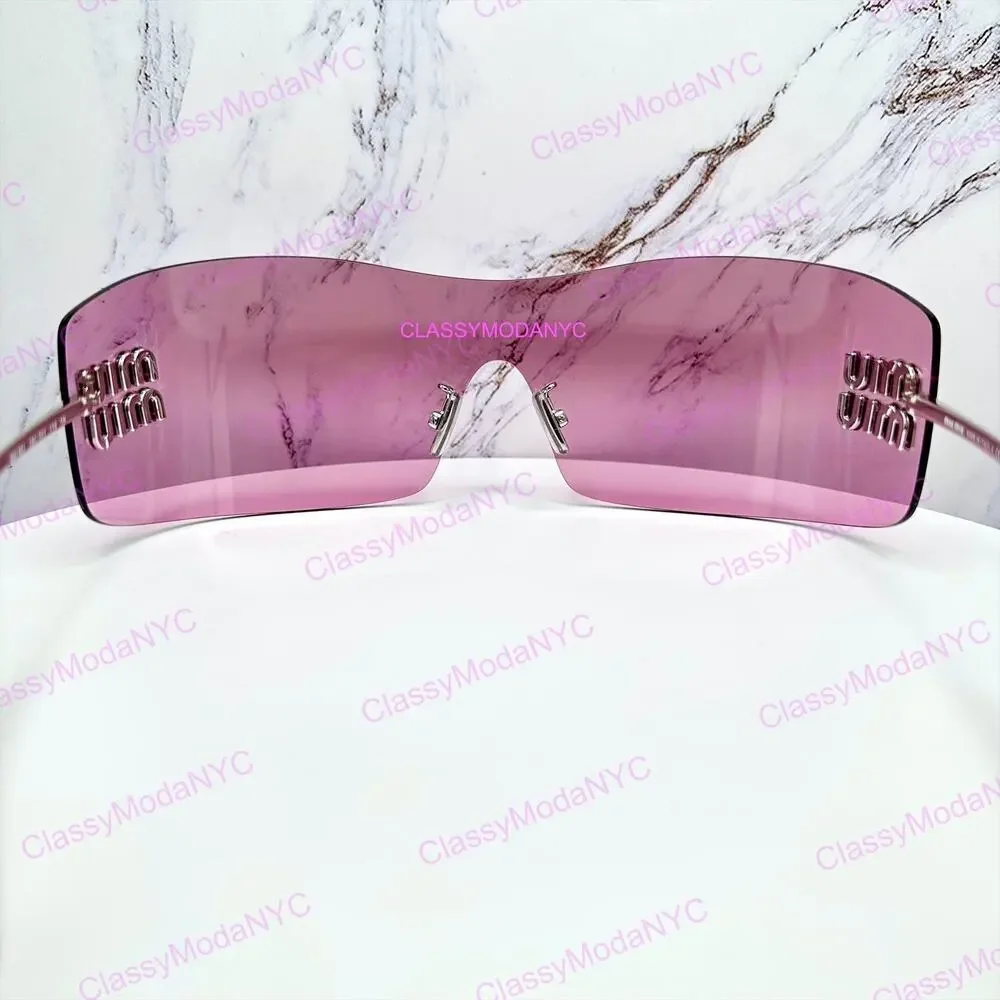 New MIU MIU Sunglasses Aube Silver Pink Mirror Rimless Wrap Authentic Womens